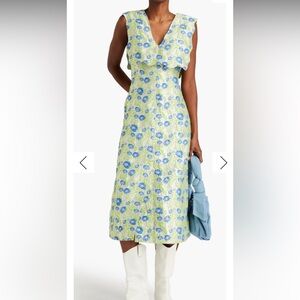 Ganni Jacquard Rhythm Collar Long Floral Dress in Blue and Green